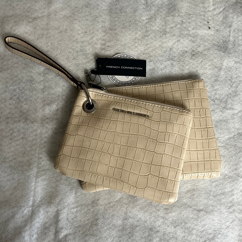 French Connection Croc Embossed 2-in-1 Wristlet Pouch Set Cream Beige NWT